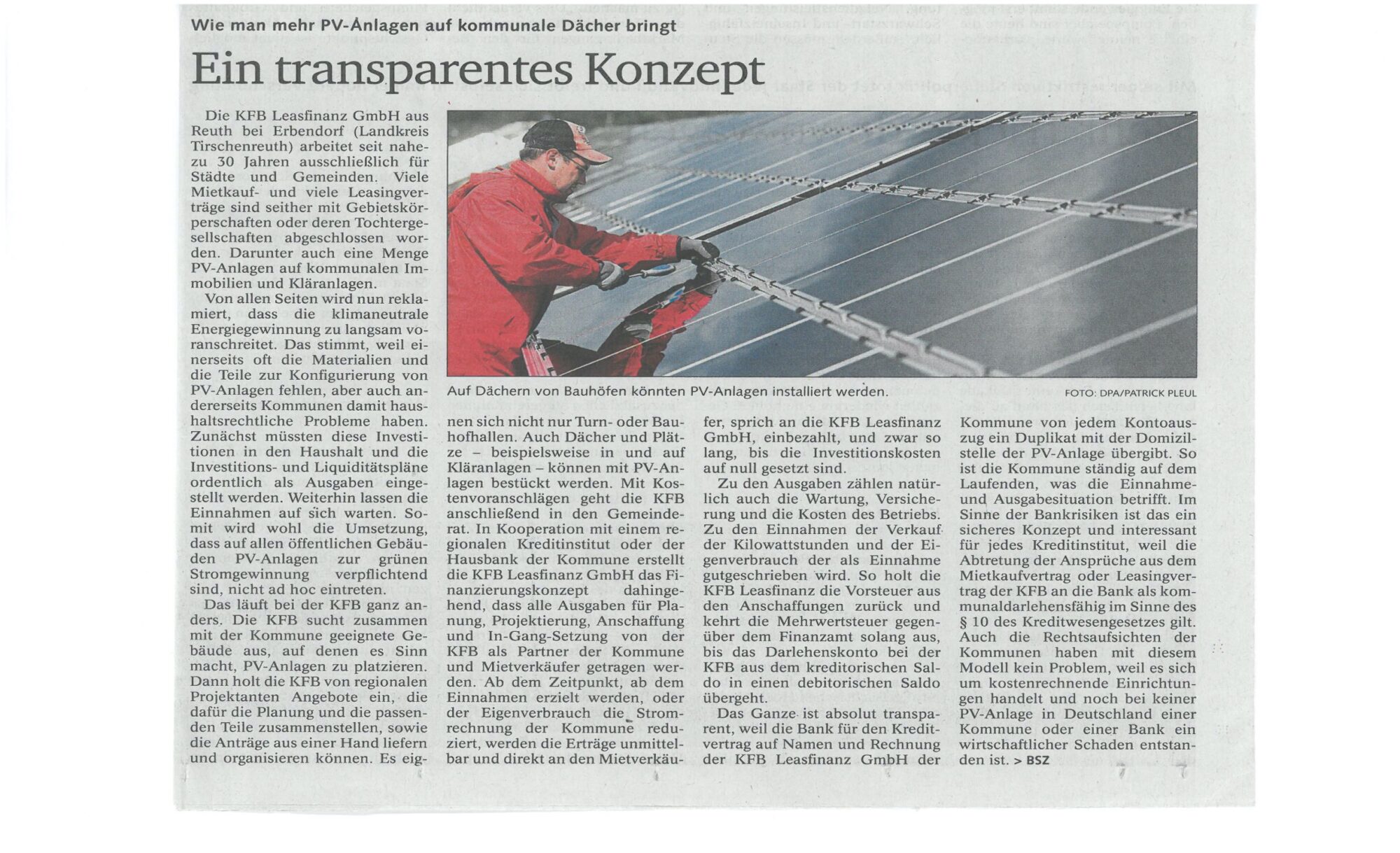 Artikel aus der Bayrischen Staatszeitung vom 2. September 2022 "Wie man mehr PV-Anlagen auf kommunale Dächer bringt" 
Ein transparentes Konzept der KFB Leasfinanz